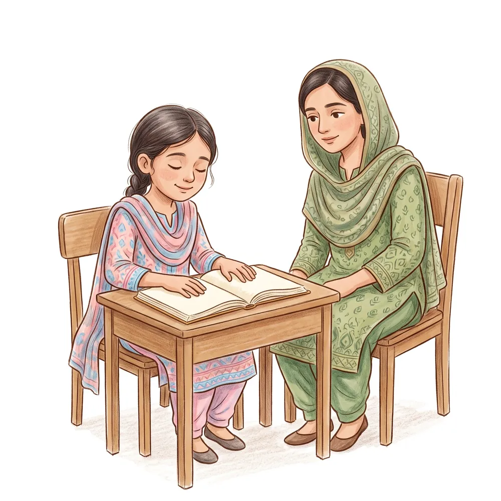 A girl reads a braille book by touch while her teacher sits beside her